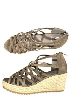 Eileen Fisher taupe nubuck leather Strappy espadrille Wedge Sandals Size 8